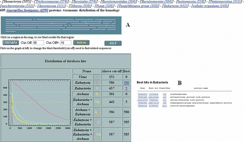 Figure 2. (A) A TaxMap of chromosome 8 of Aspergillus fumigatus showing the taxonomic distribution of best hits (eukaryotes = pink; bacteria = blue) with (B) a list of best hits to bacteria produced by the link (number 5) in the Best column.