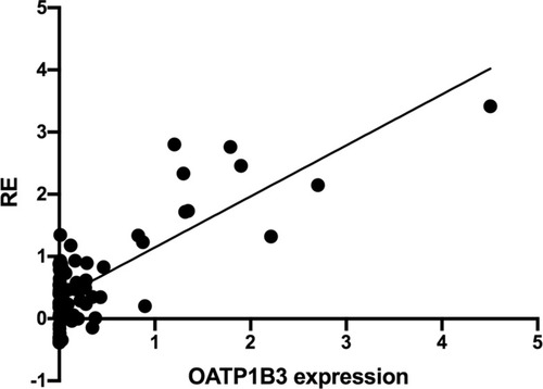 Figure 5 The relationship between the expression of transporter OATP1B3 and the enhancement rate (RE) in the HB phase. We found that the OATP1B3 expression was proportional to the RE in the HB phase. As the OATP1B3 expression increased, the enhancement rate in the RE phase also increased (R = 0.747, P < 0.01).