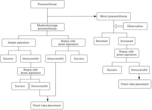 Figure 3 A recommended algorithmic approach to the treatment of lung biopsy–induced pneumothorax.
