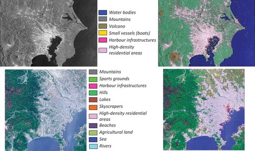 Figure 27. A multi-temporal data set for Tokyo and its surrounding areas. (Top -from left to right): A quick-look view of a first Sentinel-1 image from July 26th, 2019, and its classification map. (Bottom -from left to right): A quick-look view of a second Sentinel-2 image from May 8th, 2019, and its classification map