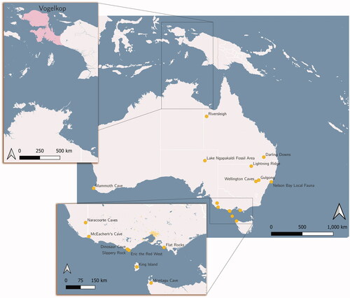 Figure 1. Maps of Australia and New Guinea showing localities mentioned in the text.