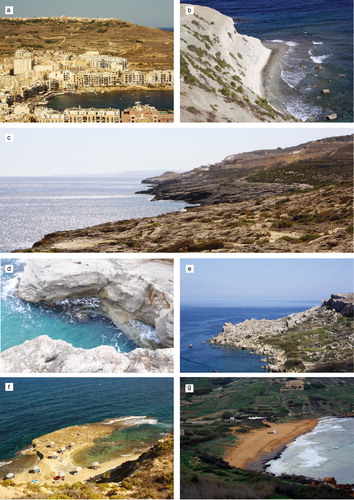Figure 3. Coastal geomorphotypes: (a) built-up coast (Marsalforn Bay); (b) cliff shaped in Blue Clay (east of Marsalforn Bay); (c) sloping coast (between Dahlet Qorrot Bay and Ras il-Qala); (d) plunging cliff (between Dahlet Qorrot Bay and Ras il-Qala); (e) scree (Gebel Mistra); (f) shore platform (east of Marsalforn Bay); (g) pocket beach (Ramla Bay).
