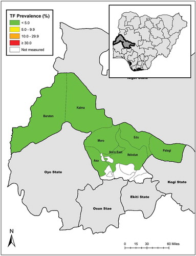 Figure 1. Local Government Areas (LGAs) surveyed, and prevalence of trachomatous inflammation—follicular (TF) in 1–9-year-olds, by LGA, Global Trachoma Mapping Project, Kwara State, Nigeria, June and July, 2014.