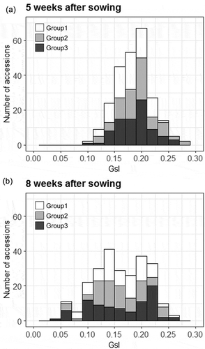 Figure 5. Genetic variability for GsI among 248 accessions of cowpea genetic resources. GsI distributions at vegetative growth stage (a: 5 weeks after sowing) and at the beginning of maturity (b: 8 weeks after sowing). Distribution of the GsI values are separately shown for the three groups of cowpea accessions as per the classification by Fatokun et al. (Citation2018), depending on genomic diversification.