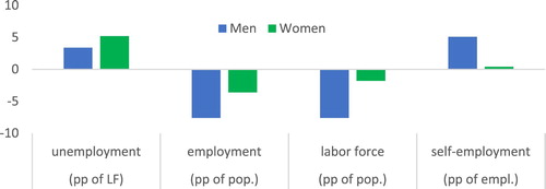 Figure 3. Changes in labour market outcomes, in percentage points, from 2007 to 2013. Source: Authors’ calculations based on the Eswatini Labor Force Surveys.Note: pp = percentage points.