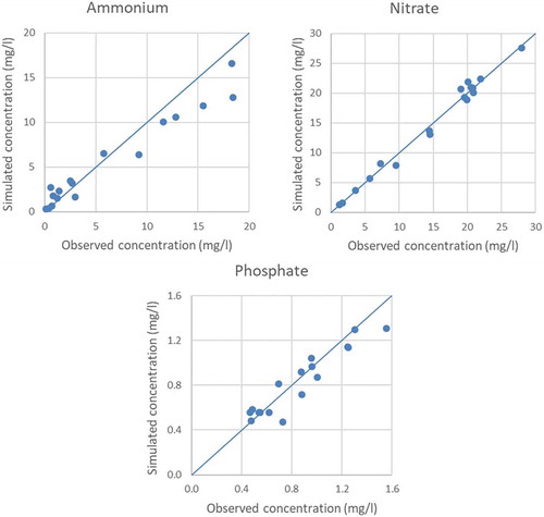 Figure 7. Scatterplots of observed and simulated concentrations of ammonium, nitrate and phosphate in the study area.