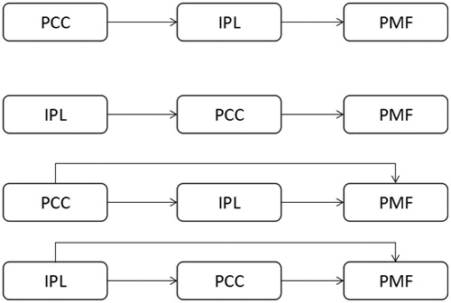Figure 2. Four DCM models. Model 1 started from the PCC to the PM areas through the IPL. Model 2 started from the IPL to the PM areas through the PCC. Model 3 referred to the parallel pathways started from the PCC. Model 4 referred to the parallel pathways started from the IPL.