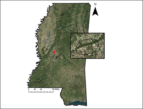 Figure 1. Study area (approximately 22,250 hectares) containing collared white-tailed deer in west-central Mississippi, U.S