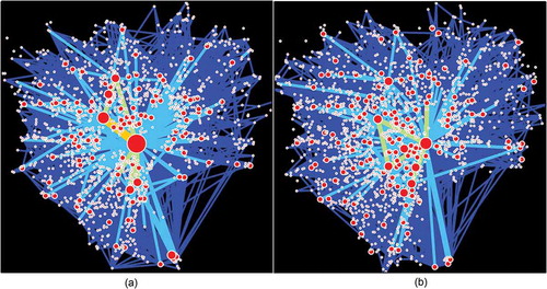 Figure 7. (Color Online) The constructed hotspot network before (a) and after (b) the earthquake