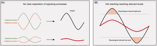 Figure 3. Consequences of decreased circadian rhythm amplitude. (A) Circadian clocks ensure the proper timing and separation of opposing processes in the body, e.g. anabolic versus catabolic pathways, such that the aggregate output of the two processes shows strong circadian rhythms. With low amplitude rhythms, the separation of opposing processes is not very pronounced, and their output shows much weaker rhythmicity. (B) Many physiological processes require a threshold level of activators/inhibitors in order to be induced or interrupted. When circadian rhythm amplitude is low, these levels may never be reached, and the process cannot take place.