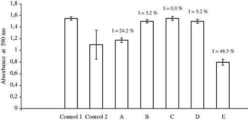 Figure 5. Cytotoxic effect of K2[B3O3F4OH] on hamster lung fibroblast V79 cell line. (Control 1) Cells without the addition of K2[B3O3F4OH] and in the absence of Ca2+ ions; (Control 2) cells without the addition of K2[B3O3F4OH] and in the presence of different concentrations of Ca2+ ions 9.42–72.42 mM (average value); (A–E) cells after the addition 3.85 mM of K2[B3O3F4OH] and in the presence of Ca2+ ions: (A) 0.42 mM, (B) 9.42 mM, (C) 18.42 mM, (D) 36.42 mM and (E) 72.42 mM.