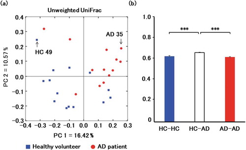 Figure 1. Comparison of microbiota in healthy volunteers (HC) and patients with Alzheimer’s disease (AD).(a) Principal coordinate analysis of microbiotas from 14 healthy volunteers (blue) and 13 patients (red). Fecal samples AD35 and HC49 were selected for transplantation. (b) Principal coordinate analysis clearly separates healthy and affected volunteers based on UniFrac distance. Data are mean ± SEM. ***, p < 0.001 by Mann-Whitney U test.