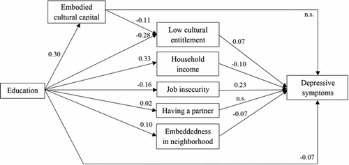 Figure 2. Structural equation model for testing hypotheses on the relationship between educational level and depressive symptoms. Note. n = 1,932. Standardized coefficients shown, controlling for concomitants age, gender, parenthood, race, region, Internet access and metropolitan status. All values are significant at the .05 level unless indicated otherwise.