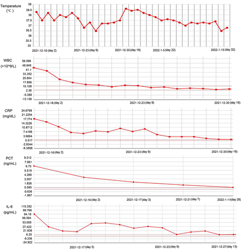 Figure 2 The clinical course (temperature, WBC, CRP, PCT and IL-6) of the patient with MSSA SCAP after corresponding treatment.