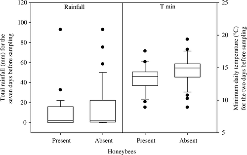 Fig. 4  The presence of honey bees (A. mellifera) at sites with passion vine hopper (S. australis) in relation to the two weather variables found to significantly affect this in ANOVA.