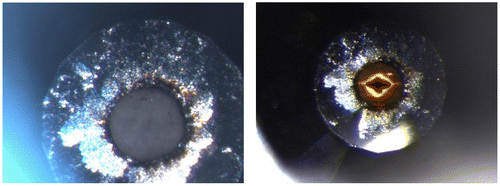 Figure 1. (Left) Strontium oxalate sample loaded at 7 GPa before irradiation looking through one diamond. (Right): The same pressurized sample after ~ 4 h of irradiation examined one day later.