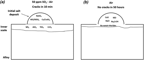 Figure 13. Schematic representation of the corrosion products formed in CMSX-4 when salted with NaCl and exposed to (a) 50 ppm SO2 – air and (b) air at 550°C.