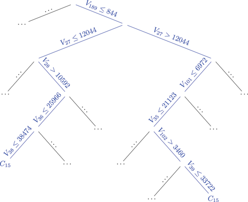 Figure 7. Propositional decision tree trained via the pure single-pixel approach on Indian Pines. While tree comprehends 28 leaves, only the two paths for class C15 are shown.