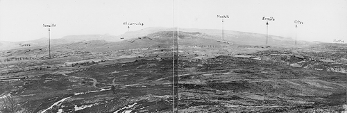 Fig. 5. Photographic panoramas, created by the Corpo Truppe Volontarie, Sezione Topocartografica, were annotated with points of interest, such as enemy positions, as in this panorama of Soncillo, Burgos, in central Spain. 15 × 69 cm. (Reproduced with permission from the Institut Cartogràfic de Catalunya. Cartoteca, Fons Monés, RM.209.762.)