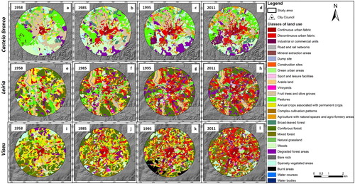 Figure 5. Land use and occupation in the three cities, based on image classifications by year: (a–d) Castelo Branco; (e–h) Leiria; (i–l) Viseu.