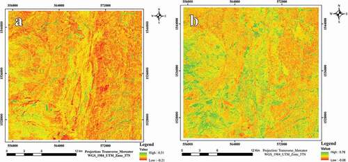 Figure 4. NDVI map generated from Landsat 8 OLI (a), and ASTER (b).