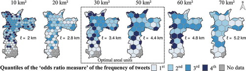 Figure 9. Comparison of spatial patterns of Pareto-optimal areal units (middle) and four arbitrary areal units (extremes). The patterns correspond to the ‘odds ratio measure’ of the frequency of geotagged tweets (Poorthuis et al. Citation2014). ℓ corresponds to the side length of hexagonal lattices