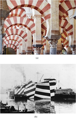 Figure 16. Perceptual dissolution: (a) The Mosque of Córdoba’s red and white voussoirs, photographed by Gzzz, 2017, CC BY-SA 4.0, Wikimedia Commons; (b) Dazzle camouflage, USS West Mahomet in port, November 1918, Naval History & Heritage Command, in the public domain