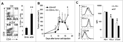 Figure 4. IL-10-deficient CD4+ T cells suppress antitumor CTL responses. (A) Depletion of CD4+ T cells in IL-10−/− mice led to CTL infiltration into tumors. Four tumors were analyzed from each group. Data are representative of 2 experiments with similar results. **P < 0.01 by Student t test. (B) J558 cells (5 × 106 cells) were injected subcutaneously into each IL-10−/−Rag2−/− mouse. At 7 days after tumor cell injection, IL-10−/−P1CTL cells (5 × 106) were injected intravenously into each mouse. Each mouse also received 5 × 106 CD4+ T cells from WT (n = 5) or IL-10−/− mice (n = 5) on day 7. Tumor growth was observed. Data shown are representative of 2 experiments with similar results. *P < 0.05 by Student t test. (C) J558 cells (5 × 106 cells) were injected subcutaneously into each IL-10−/− (n = 4) or WT BALB/c (n = 4) mouse. At 2 weeks after tumor cell injection, tumor-infiltrating lymphocytes were stained for CD4 in combination with PD-1, PD-L1 or CTLA-4 followed by flow cytometry analysis. MFI, mean fluorescence intensity; **P < 0.01 by Student t test.