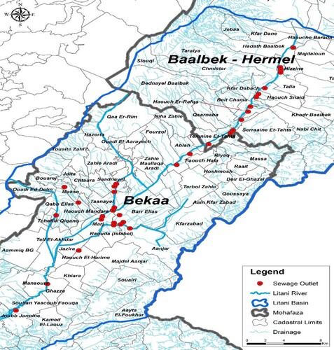 Figure 9. Outlets of non-treated sewage water (spots in red) ejected directly to the Litani River (Source Litani River Authority, 2020)