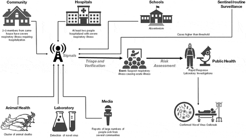 Figure 2. Illustration of how EBS can function as a One Health approach in a country that has optimal human, animal, and environmental health surveillance. Here, data sharing can occur at every level of a coordinated surveillance system