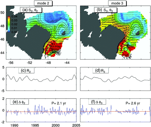 Fig. 15 Distributions of spatial amplitude (S 1) and phase (θ1; arrows), functions of the second (left panels) and third (right panels) CEOFs for the monthly mean temperature anomalies at 160 m over the eastern Newfoundland Shelf and adjacent waters in the control run.