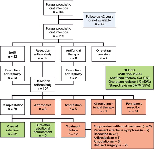 Flow chart describing the outcome of surgical treatment in 119 patients with fungal hip or knee PJI and with an adequate follow-up.