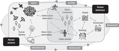 Figure 3. Schematic representation of the “human sensors” and “human behaviour” components supporting the data–information–knowledge–behaviour–action workflow characterizing citizen science projects for hydrological sciences.