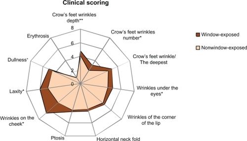 Figure 2 Mean clinical scores assessed on each side of the face. Most of the clinical items studied were higher on the window-exposed side (worsening of skin characteristics).Notes: **Significant differences (P < 0.05) *Tendency (0.05 < P <0.1).