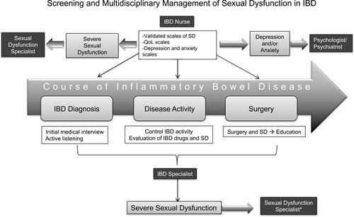 Figure 2 Screening and multidisciplinary management of sexual dysfunction in IBD. *Sexologist, urologist or gynecologist specializing in SD.