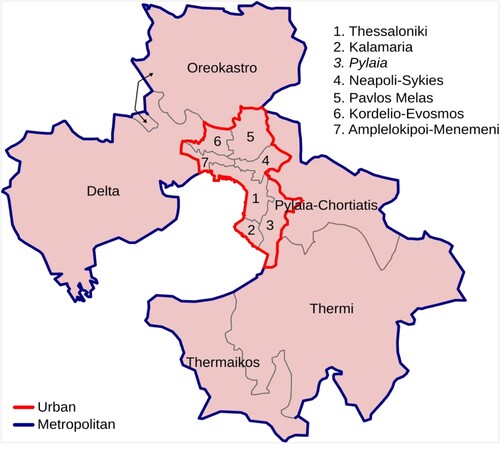Figure 1. The urban and metropolitan areas of the city of Thessaloniki with its 11 self-governing municipalities, including the Municipality of Thessaloniki (1). Source: https://commons.wikimedia.org/wiki/File:Thessaloniki_urban_and_metropolitan_areas_map_2.svg.