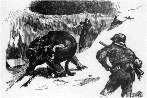 Figure 6. ‘It seemed but an instant until Hank was down with a great form towering over him’. (Wolfe Citation1893).