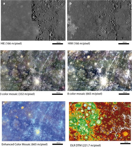 Figure 2. H06 supplementary basemaps. (a) 166 m/pixel HIE BDR MDIS mosaic; (b) 166 m/pixel HIW BDR MDIS mosaic; (c) 665 m/pixel enhanced color mosaic (CitationDenevi et al., 2016); (d) 221.7 m/pixel DLR DTM mosaic (CitationPreusker et al., 2017); (e) 332 m/pixel 3 color MDIS mosaic; (f) 665 m/pixel 8 color MDIS mosaic. Notes: Six tales showing the supplementary Kuiper quadrangle basemaps used for the mapping.