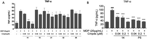 Figure 3. The effect of indicated compounds on the secretion of classic proinflammatory cytokine TNF-α in MDP-induced Raw264.7. TNF-α secretion in the supernatant of Raw264.7 cells from controls without stimulated, controls stimulated and compounds treated under stimulated conditions. The concentrations are presented as the mean ± SD. ###p < 0.001 vs non-stimulated controls group, *p < 0.05, **p < 0.01, ***p < 0.001 vs stimulated controls group, in multivariate analysis.