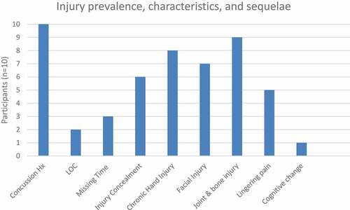 Figure 1. Frequency of injury, injury characteristics, sequelae, and pain (Hx = history; LOC = loss of consciousness)