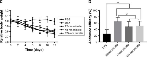 Figure 4 The in vivo ATE and the variations in the body weights after treated three times (every other day) by intravenous injection of PBS, DTX (5 mg/mL), 22-nm micelle (5 mg/mL), 48-nm micelle (5 mg/mL), and 124-nm micelle (5 mg/mL) on days 0, 2, and 4. (A) Pictures of solid tumors recovered after anatomy, (B) tumor volume as a function of time, (C) relative body weights as a function of time; (A–C) data represent mean ± SD (n=8) from one of three experiments; (D) the mean ATE as determined by the tumor weight of three experiments (n=24). **P<0.01, compared with the DTX group; #P<0.05 compared with the 22-nm micelle.Abbreviations: ATE, antitumor efficacy; DTX, docetaxel.