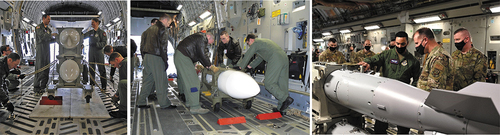 Figure 3. Left: Military personnel strap down a test nuclear weapon in a C-17 Globemaster III, 9 March 2009 (Source: US Defense Department photo by Benjamin Faske, https://www.af.mil/News/Photos/igphoto/2000602126).