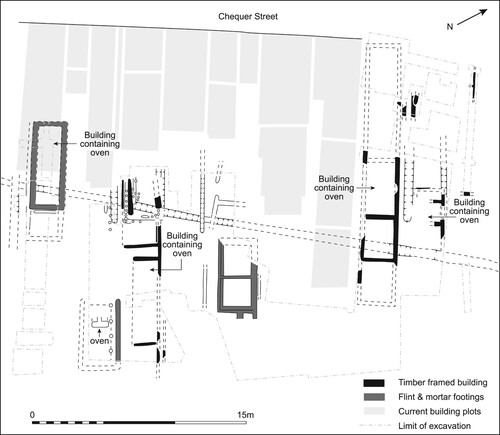 Figure 4. Plan showing the location of drying kilns at Chequer Street, St Albans, between the late fourteenth and the sixteenth centuries. Source: Redrawn by Kirsty Harding after Rosalind Niblett and Isobel Thompson, Alban’s Buried Towns. An Assessment of St Albans’ Archaeology up to AD 1600 (Oxford: Oxbow, 2005), 274–8.
