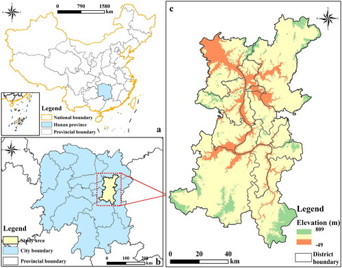 Figure 1. Geographic location of the study area. (a denotes the spatial location of Hunan Province in China, b is the spatial distribution of Changsha-Zhuzhou-Xiangtan city group in Hunan Province, and c indicates the elevation distribution pattern of Changsha-Zhuzhou-Xiangtan city group).