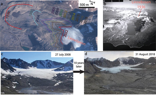 Figure 2. (a) Linnébreen ice margin positions since 1936. The positions in 1936 and 1995 are from air photographs and superimposed on georeferenced image from 1995. Positions from 2004 to 2019 are Global Positioning Satellite tracks on georeferenced image. Modified from Retelle et al. (Citation2019). The red line position from 2022 was drawn using the Sentinel-2 L2A image of the ice margin position as observed on 28 August 2022. (b) Aerial photo taken in 1936 showing Linnédalen, courtesy of the Norsk-Polarinstitutt. (c) and (d) Two photos taken in front of Linnébreen at the same position but with ten-year difference.