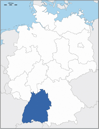 Figure 1. Map showing the location of the study area in Europe, Germany in white and the Federal State of Baden-Württemberg in southwest Germany in dark blue.