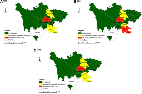 Figure 2 2018–2020 Hot spots of HIV recent cases at city level by year.(A) Sichuan province, 2018. (B) Sichuan province, 2019. (C) Sichuan province, 2020.