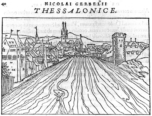 Figure 9 The woodcut view of Thessaloniki from Nicolaus Gerbel,In descriptionem Graeciae Sophiani, praefatio (Basel, Johannes Oporin, 1545, p. 40), is a reproduction of a view of Basel by Konrad Morands reversed left to right. 8×12.5 cm. (Reproduced with permission from the Gennadius Library, The American School for Classical Studies, Athens, GT 11, p. 40.)