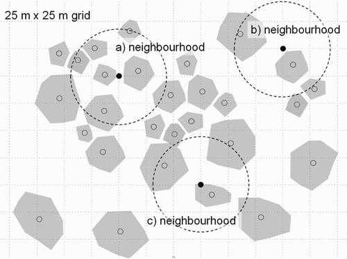 Figure 1. Illustration of the neighbourhood scale over which territory density was calculated as a dependent variable. The number of territories over a neighbourhood areas (dotted circles) was calculated, which was determined by averaged nearest neighbour distance from the randomly selected sampled grid. Grey polygons indicate individual territories, filled circles show sampled grids, and unfilled circles illustrate centres of territories.