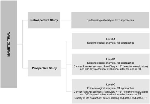 Figure 1 Flowchart of study design: Retrospective study consists of epidemiological analysis; prospective study consists of both epidemiological (level A, B and C), cancer pain assessment (level B and C) and patient’s quality of life (level C) analysis.